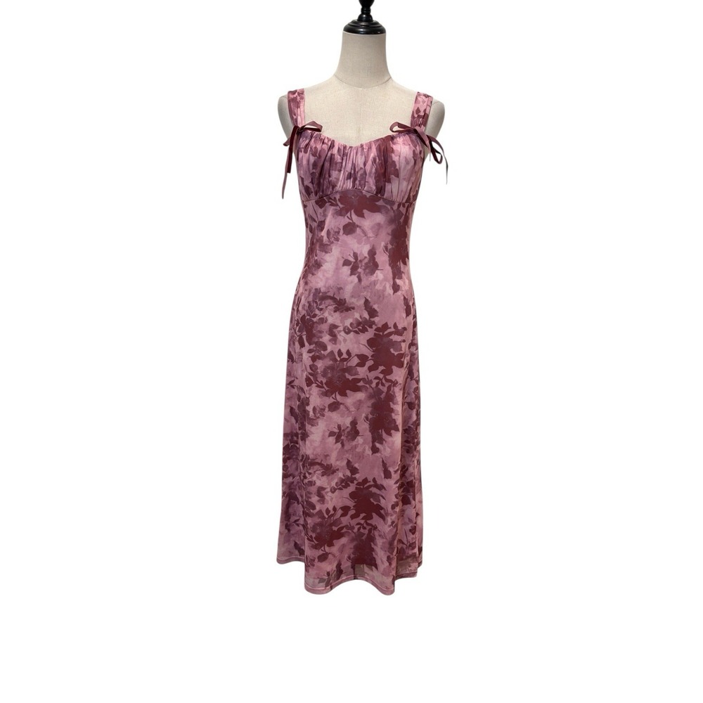 Romantic Floral Pink Midi Slip Dress Slinky Sz S Coquette Soft Girl Milkmaid